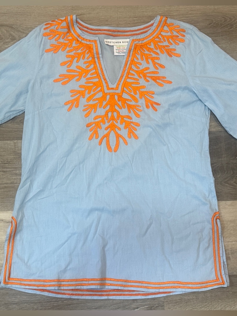 Gretchen Scott Designs Light Blue Tunic with Orange Embroidery